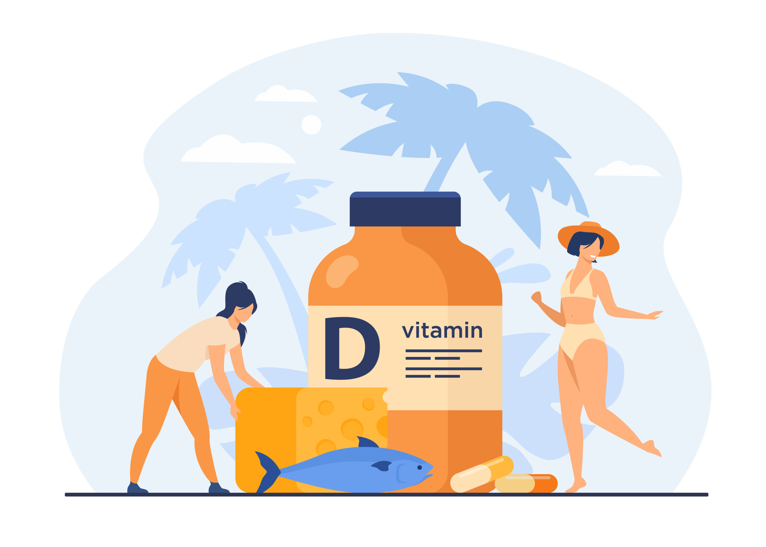 Women eating fatty fish, vitamin D, cheese, and sunbathing