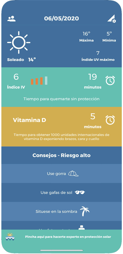Aplicación app UV derma de la AEDV para saber cuantos minutos de sol son necesarios para producir la vitamina D