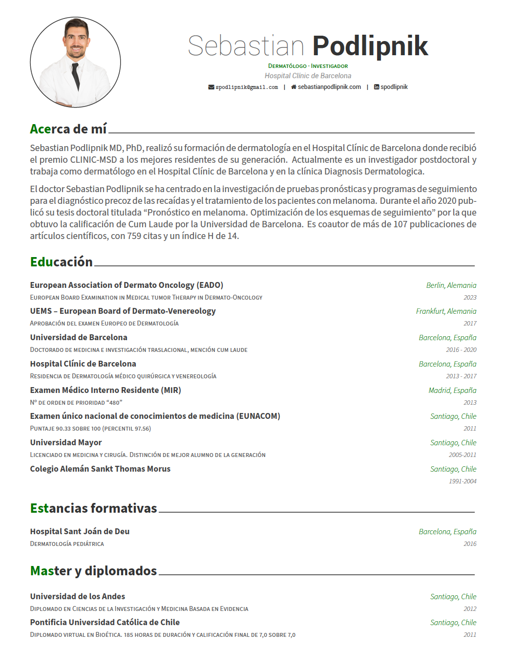 Imagen que muestra un extracto del currículum vitae de Sebastian Podlipnik