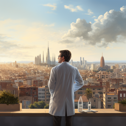 ilustración que muestra al mejor dermatólogo en Barcelona mirando la ciudad