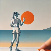 A woman at the beach using oral sunscreen while engaging in outdoor sports.