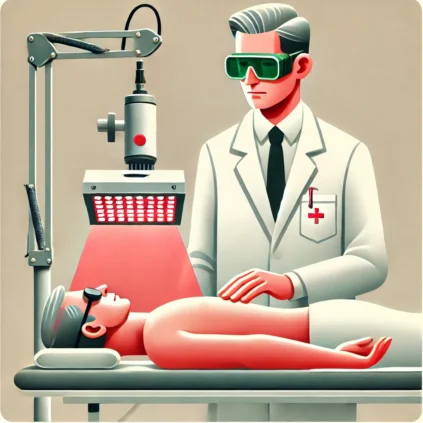 Ilustración que muestra a un doctor aplicando terapia fotodinámica a un paciente.