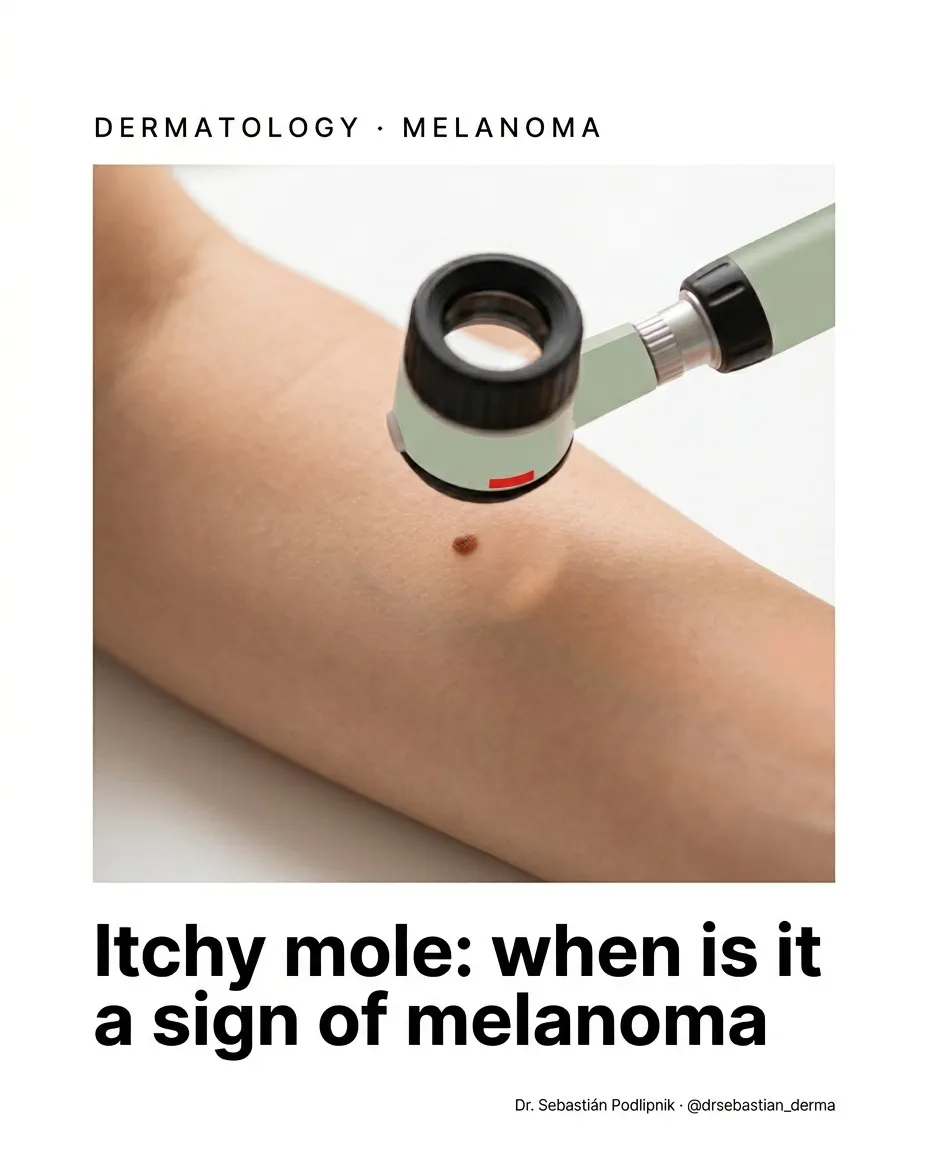 Dermatoscope examining a mole on the skin — clinical editorial illustration for a guide on itchy moles